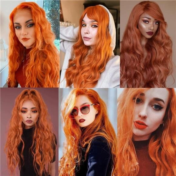 Long Orange Wavy Wigs for Women Middle Part 26 inch Natural Curly Synthetic Wig - Picture 5 of 7